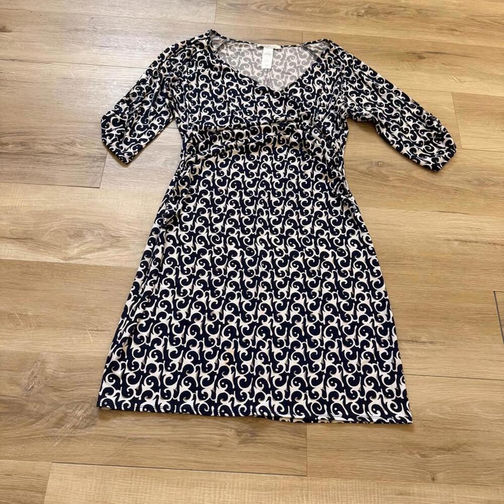 Laundry by Design Navy Wrap Dress Women's L Patterned Travel‎ 3/4 Length Sleeve